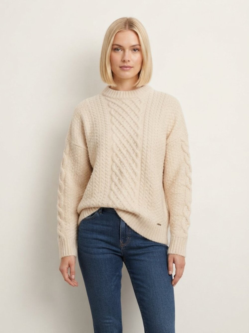 ELIE Elie Tahari Braided Cable-Knit Crew Neck Sweater Cream XL #A4559